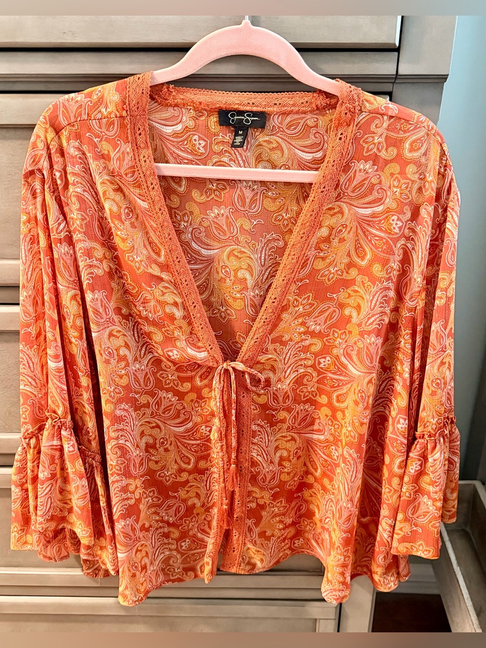 Jessica Simpson Orange Paisley Tie-Front Blouse with Lace Trim Medium